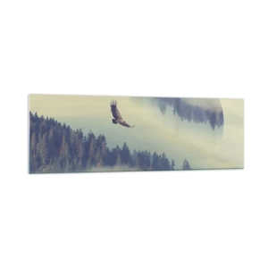 Impression sur verre - Image sur verre - Un aigle en vol sur fond de montagnes brumeuses avec un motif circulaire artistique - 160x50cm - J'ai vu l'ombre d'un aigle - Décoration murale moderne pour le salon et la chambre ARTTOR