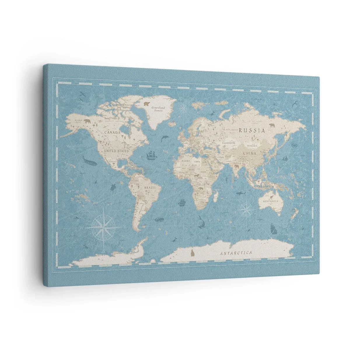 Impression sur toile - Image sur toile - Carte du monde décorative dans les tons bleu et beige - 70x50cm - Le monde à porter de main - Décoration murale moderne pour le salon et la chambre ARTTOR