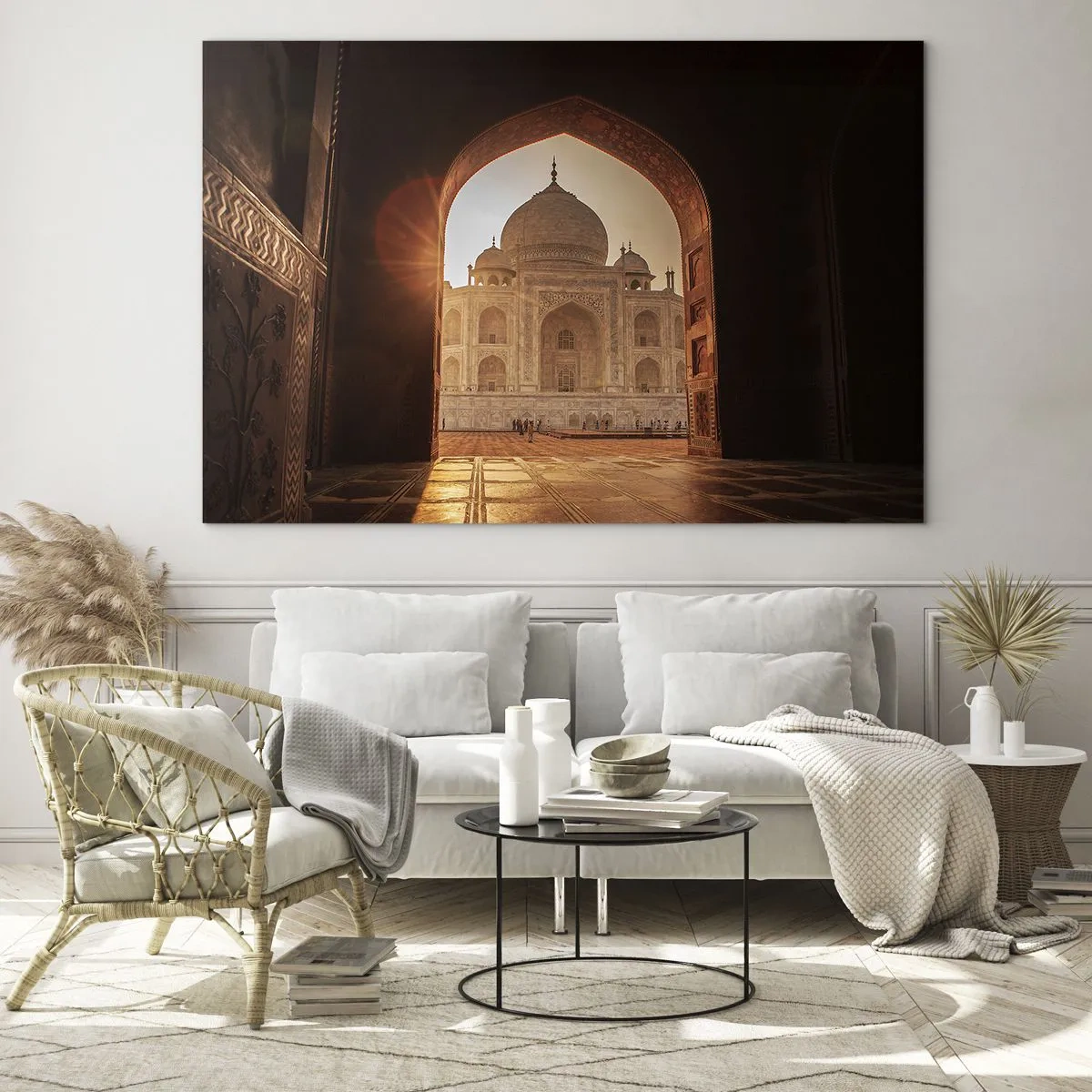 Impression sur verre - Image sur verre - Coucher de soleil sur un bâtiment monumental vu à travers une arche - 70x50cm - Un monument à l'amour surnaturel - Décoration murale moderne pour le salon et la chambre ARTTOR