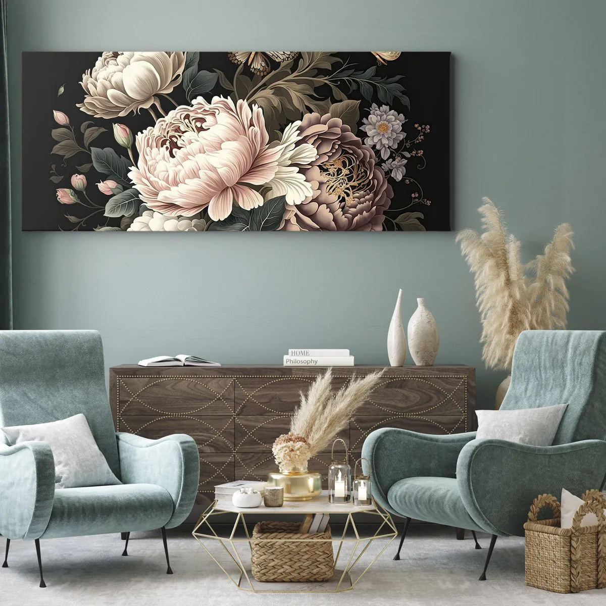 Impression sur toile - Image sur toile - Un bouquet de fleurs roses et de papillons sur fond noir - 120x50cm - De style baroque - Décoration murale moderne pour le salon et la chambre ARTTOR