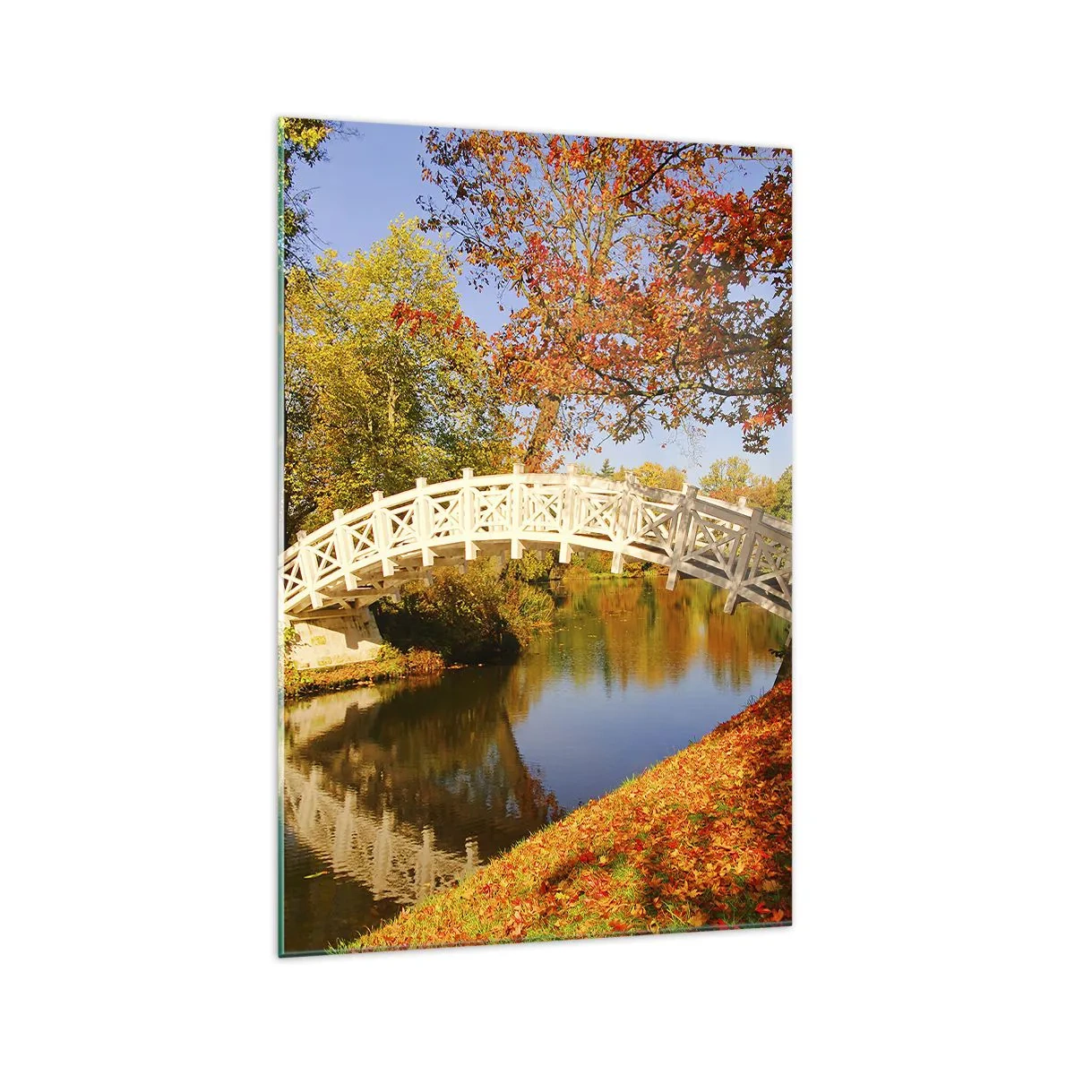 Impression sur verre - Image sur verre - Un pont dans un parc entouré de feuilles d'automne sur une eau calme - 70x100cm - Sur le pont blanc des soupirs - Décoration murale moderne pour le salon et la chambre ARTTOR