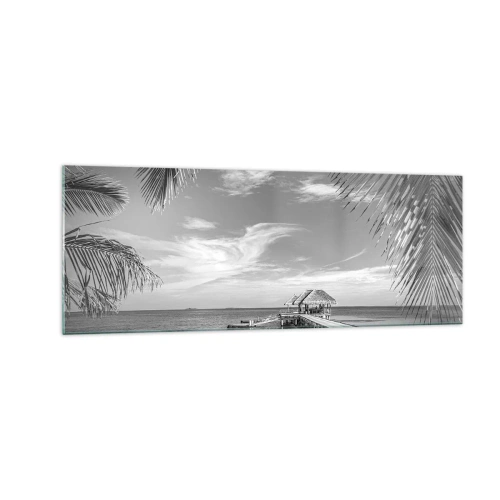 Impression sur verre - Image sur verre - Plage noire et blanche avec jetée et palmiers sur une côte tropicale - 140x50cm - Souvenirs ou rêve? - Décoration murale moderne pour le salon et la chambre ARTTOR