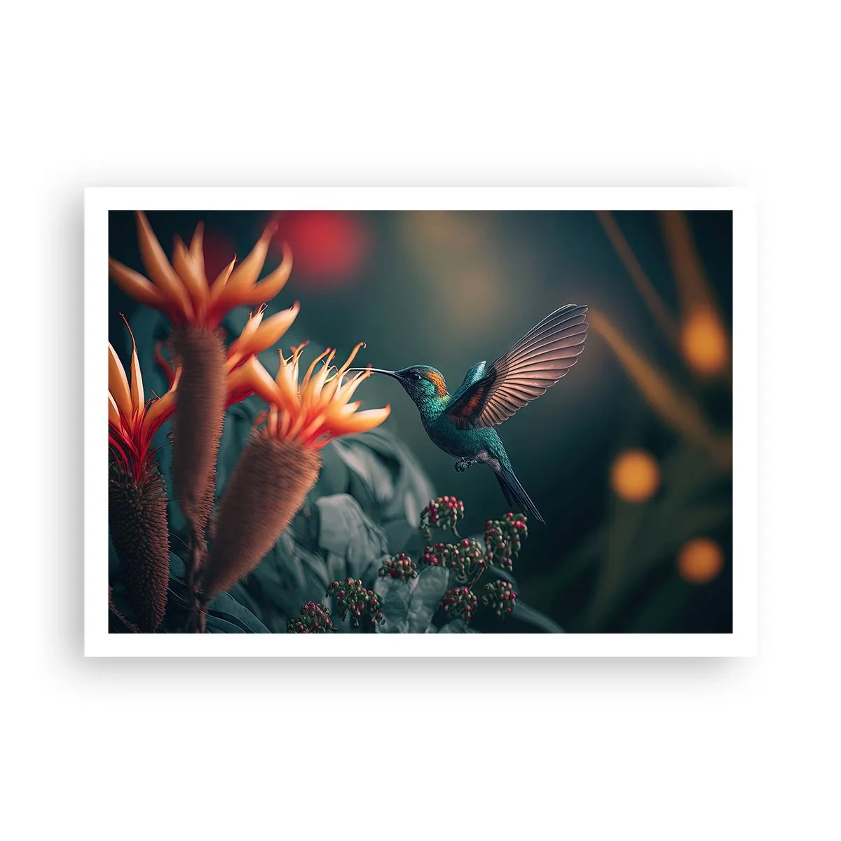 Affiche - Poster - Un colibri coloré parmi des fleurs sur un fond naturel - 100x70cm - une vie vraiment colorée - Décoration murale moderne pour le salon et la chambre ARTTOR