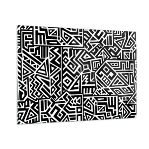 Impression sur verre - Image sur verre - Motif noir et blanc inspiré de l'art tribal - 100x70cm - Composition précolombienne - Décoration murale moderne pour le salon et la chambre ARTTOR