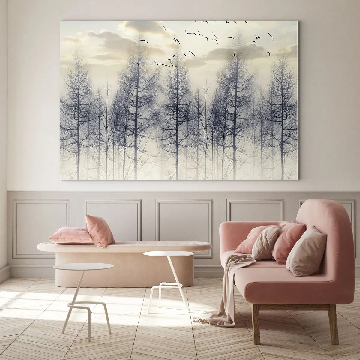 Impression sur verre - Image sur verre - Une forêt brumeuse avec des oiseaux, illuminée par le soleil levant - 120x80cm - L'âme de la forêt - Décoration murale moderne pour le salon et la chambre ARTTOR