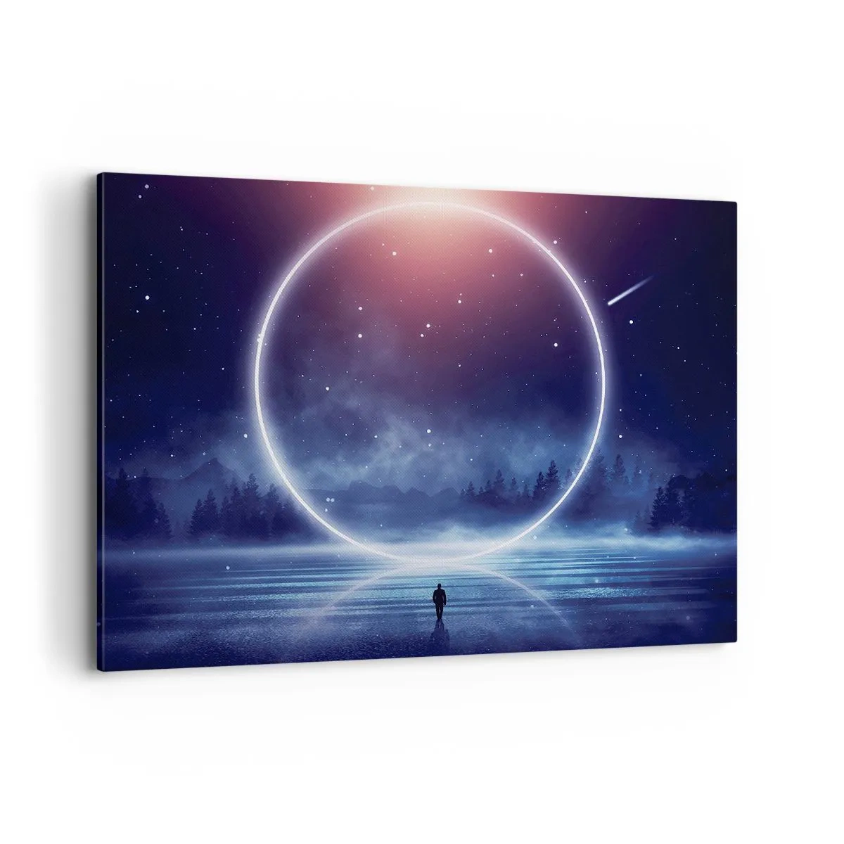 Impression sur toile - Image sur toile - Un paysage magique avec une silhouette et un cercle de lumière la nuit - 100x70cm - Ils sont déjà là... - Décoration murale moderne pour le salon et la chambre ARTTOR