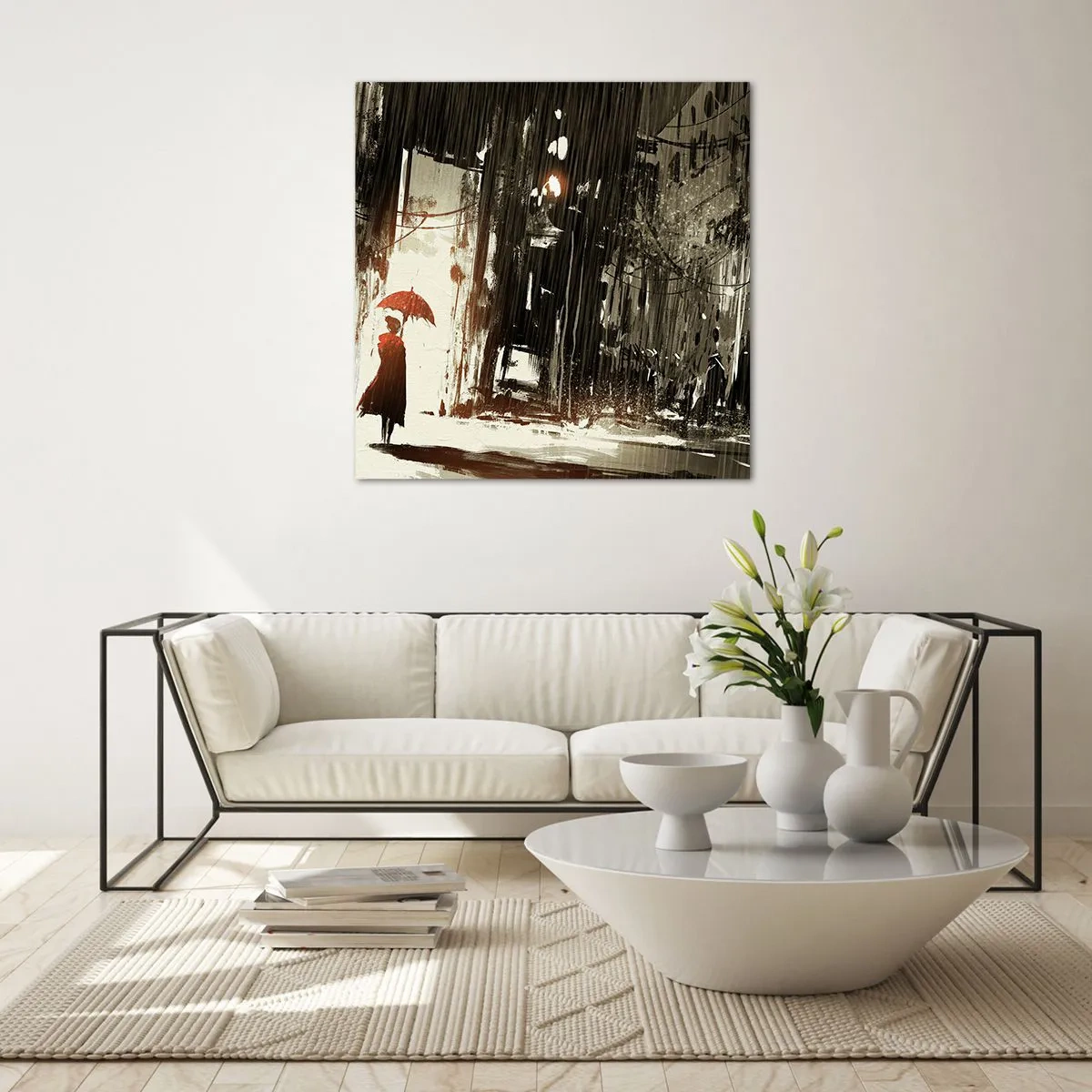 Impression sur verre - Image sur verre - La poésie du parapluie rouge - 60x60 cm