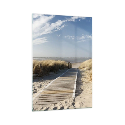 Impression sur verre - Image sur verre - Un chemin en bois mène à travers les dunes jusqu'à la mer calme - 70x100cm - Derrière la dune, dans le bruissement de l'herbe - Décoration murale moderne pour le salon et la chambre ARTTOR