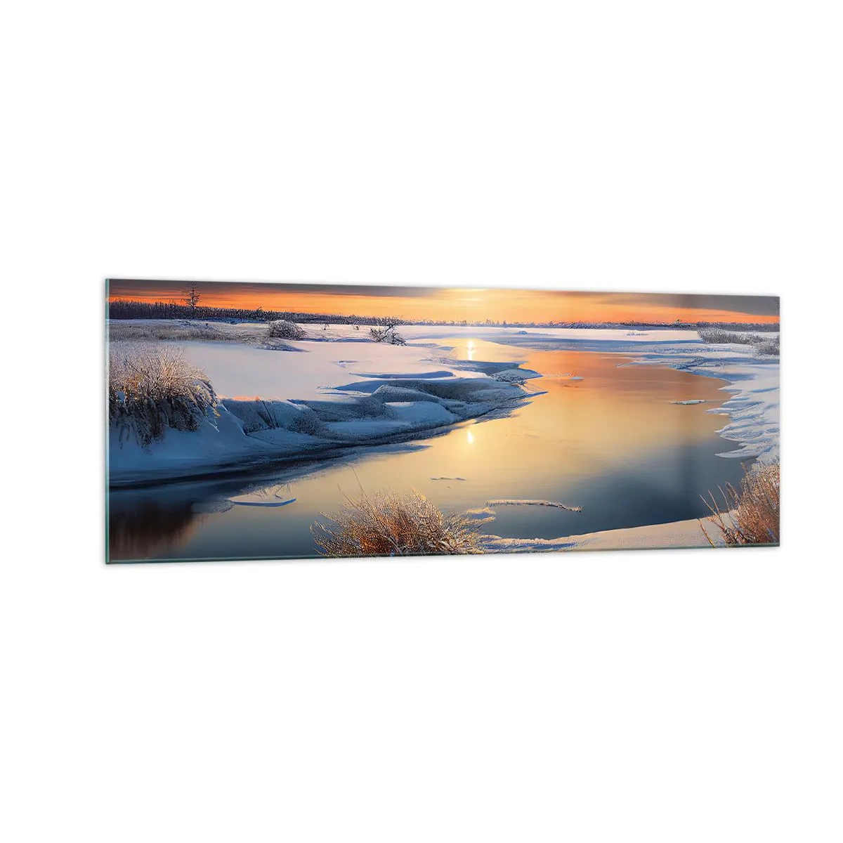 Impression sur verre - Image sur verre - Paysage d'hiver avec une rivière au coucher du soleil - 140x50cm - Coucher de soleil d'hiver - Décoration murale moderne pour le salon et la chambre ARTTOR