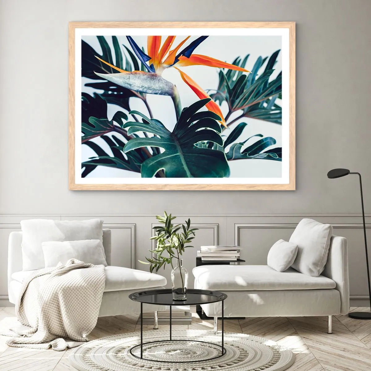 Affiche dans un chêne clair - Poster - Le buisson oiseaux - 100x70 cm