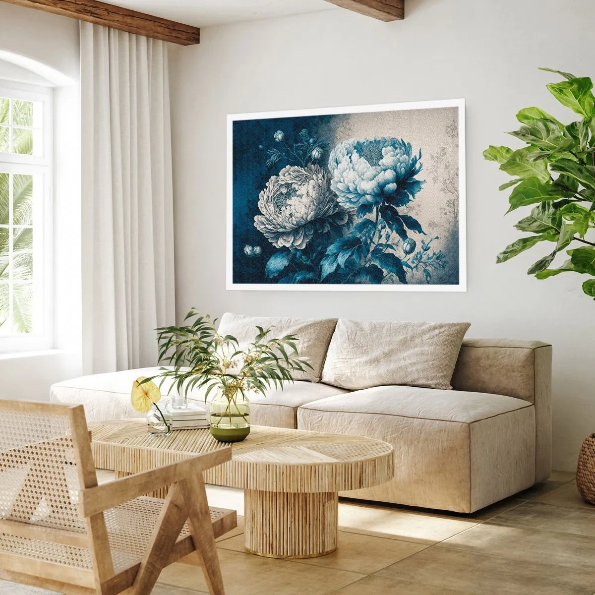 Affiche - Poster - Pivoines bleues sur un fond subtil avec un motif délicat - 100x70cm - Paire assortie - Décoration murale moderne pour le salon et la chambre ARTTOR