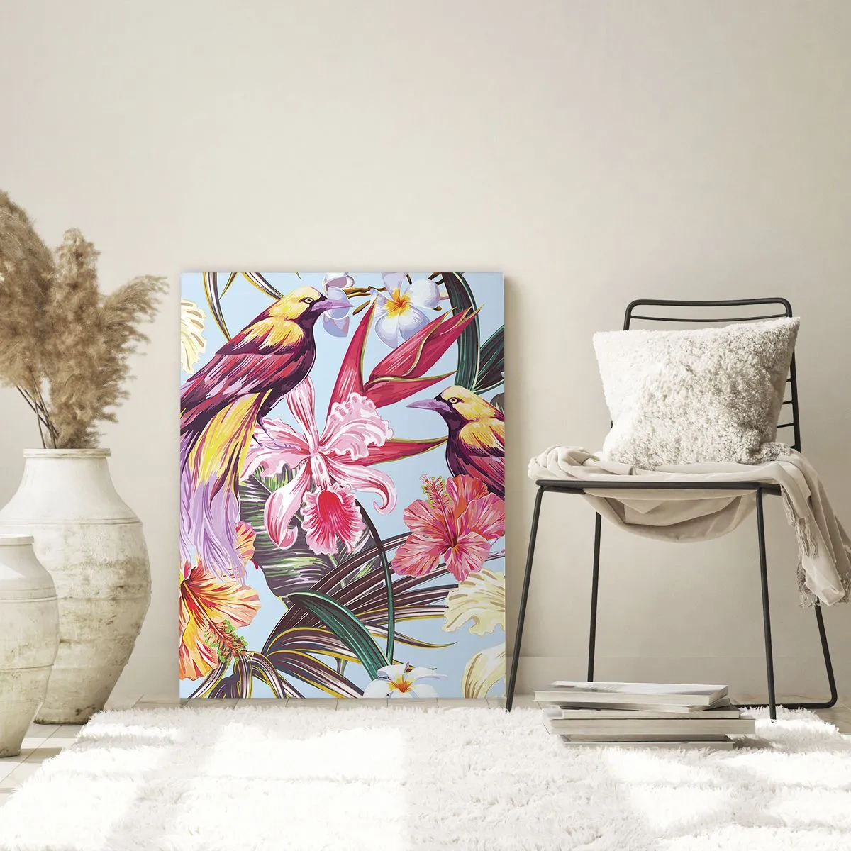 Impression sur verre - Image sur verre - Oiseaux et fleurs exotiques sur fond clair - 50x70cm - Pétales et plumes - Décoration murale moderne pour le salon et la chambre ARTTOR
