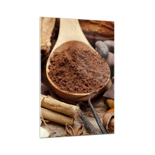 Impression sur verre - Image sur verre - Une cuillerée d'ingrédients à base de cacao et de chocolat dans un arrangement rustique - 70x100cm - La meilleure pour les chagrins - Décoration murale moderne pour le salon et la chambre ARTTOR