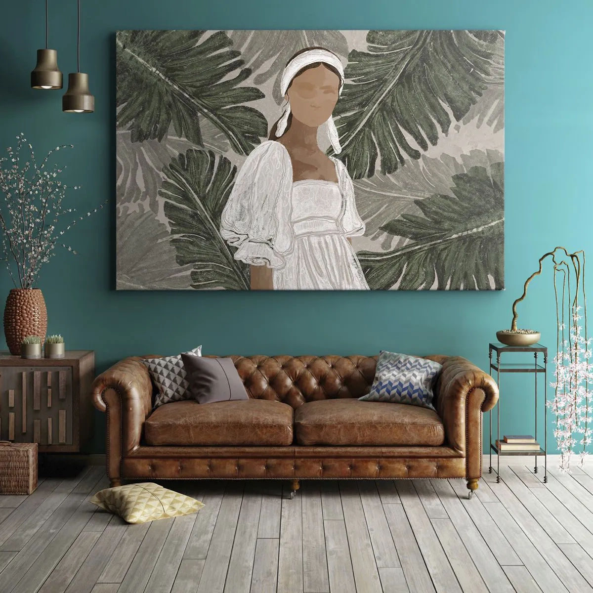 Impression sur toile - Image sur toile - Portrait d'une femme en robe blanche sur fond de feuilles de monstera - 120x80cm - Portrait exotique - Décoration murale moderne pour le salon et la chambre ARTTOR