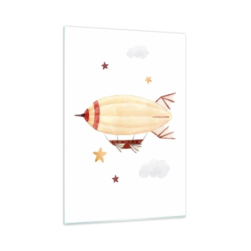 Impression sur verre - Image sur verre - Un dirigeable peint à la main sur fond d'étoiles - 80x120cm - Dirigeable - Décoration murale moderne pour le salon et la chambre ARTTOR