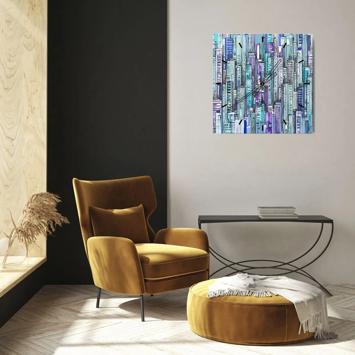 Horloge murale - Pendule murale - Illustration d'une ville avec des bâtiments géométriques dans des tons de bleu et de violet. - 30x30cm - Bleuâtre avec le ciel - Décoration murale moderne pour le salon et la chambre ARTTOR