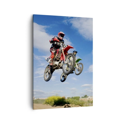 Impression sur toile - Image sur toile - Des pilotes de motocross dans les airs lors d'un saut - 50x70cm - Saut en parachute - Décoration murale moderne pour le salon et la chambre ARTTOR