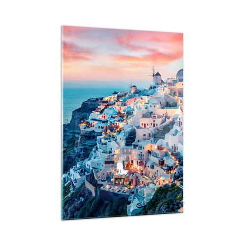 Impression sur verre - Image sur verre - Ville grecque perchée sur une falaise au crépuscule surplombant la mer - 50x70cm - Vos grandes vacances en Grèce - Décoration murale moderne pour le salon et la chambre ARTTOR