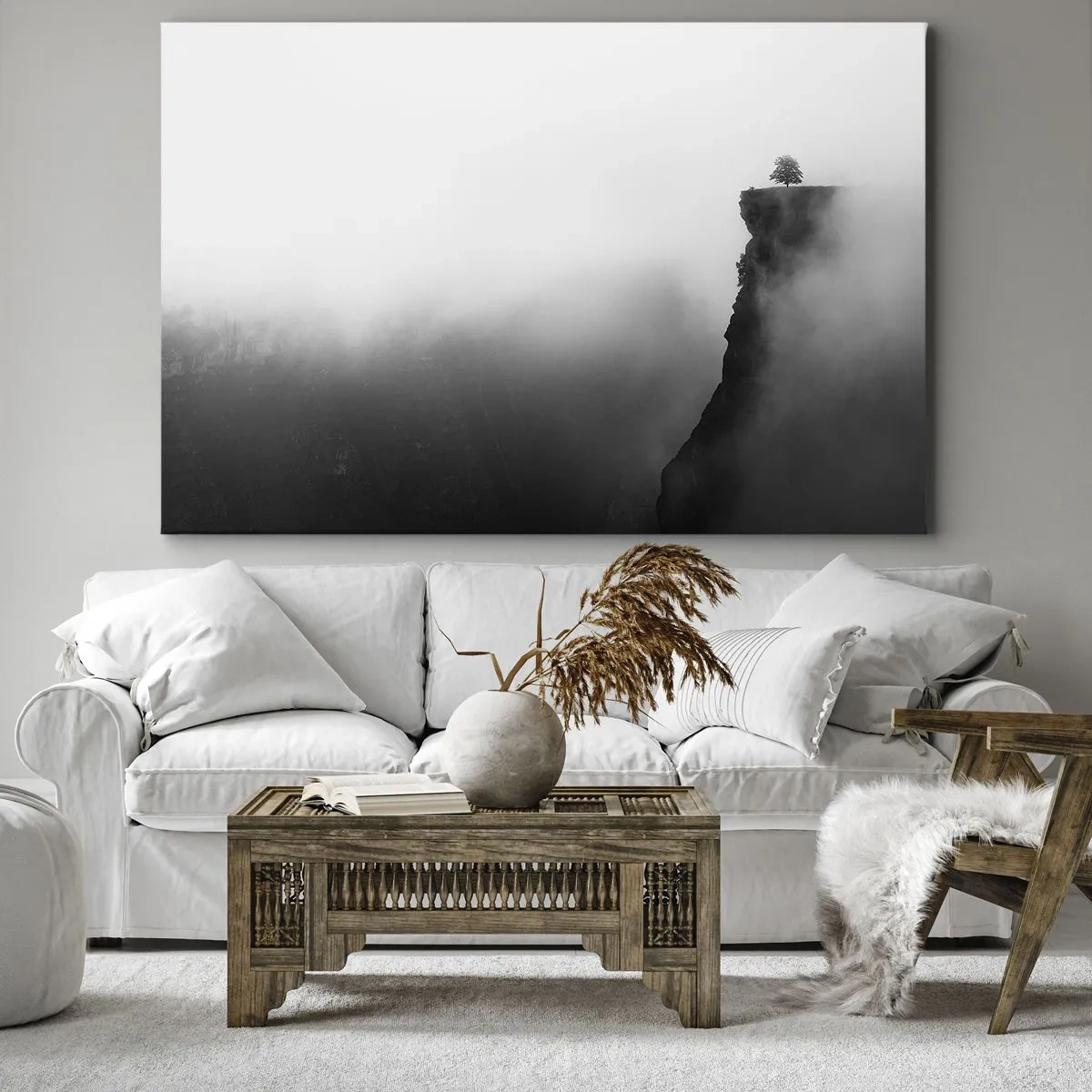Impression sur toile - Image sur toile - Un arbre solitaire au bord d'une falaise entouré de brouillard - 70x50cm - Au bord du monde - Décoration murale moderne pour le salon et la chambre ARTTOR