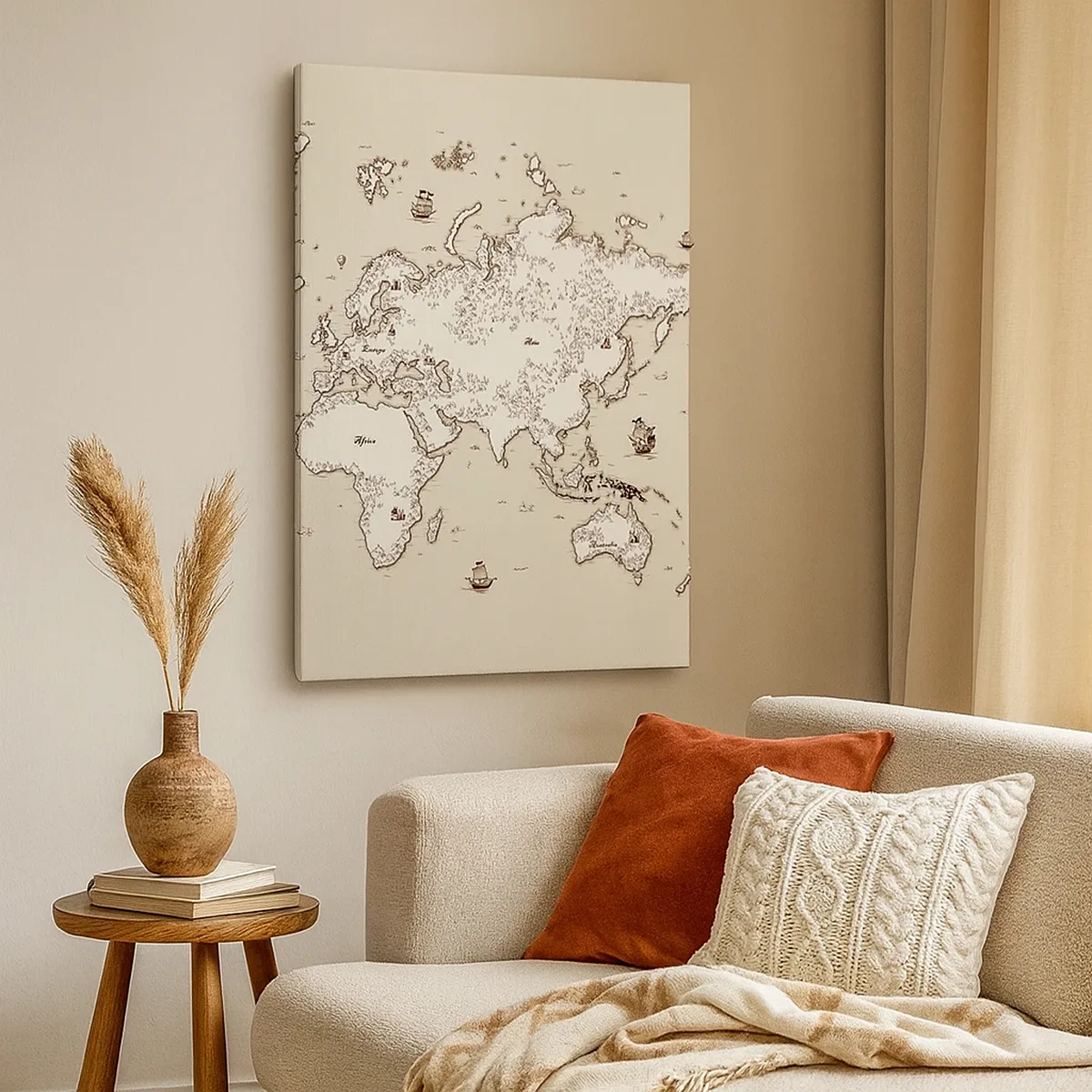 Impression sur toile - Image sur toile - Une carte stylisée du monde dans des tons beige et marron. - 50x70cm - Voyage autour du monde - Décoration murale moderne pour le salon et la chambre ARTTOR