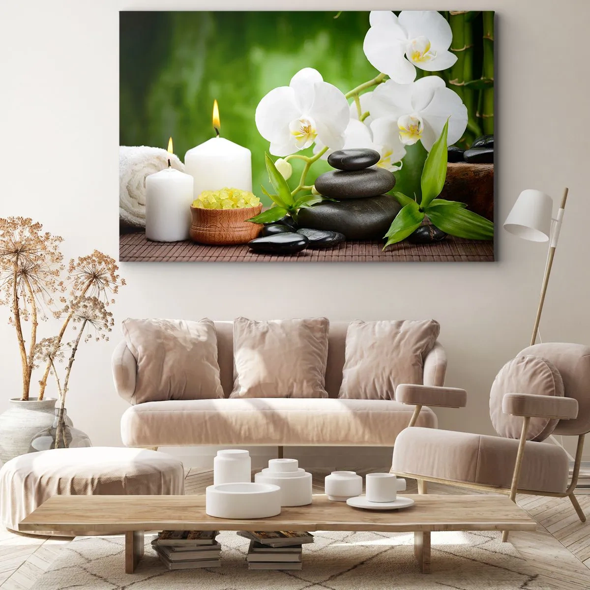 Impression sur toile - Image sur toile - Orchidées, bougies et pierres en pleine nature - 120x80cm - Doux, floral, toucher délicat - Décoration murale moderne pour le salon et la chambre ARTTOR