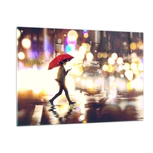Impression sur verre - Image sur verre - Une silhouette avec un parapluie rouge dans une rue pluvieuse la nuit - 120x80cm - Et pourtant ensoleillé - Décoration murale moderne pour le salon et la chambre ARTTOR