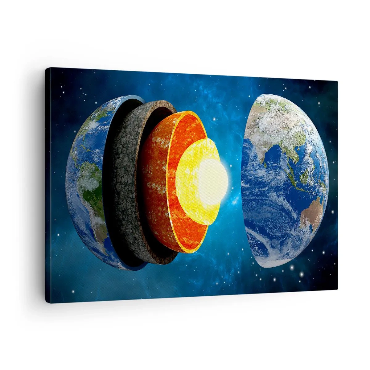 Impression sur toile - Image sur toile - Une coupe transversale de la Terre montrant ses couches dans l'espace. - 70x50cm - Voyage au centre de la terre - Décoration murale moderne pour le salon et la chambre ARTTOR
