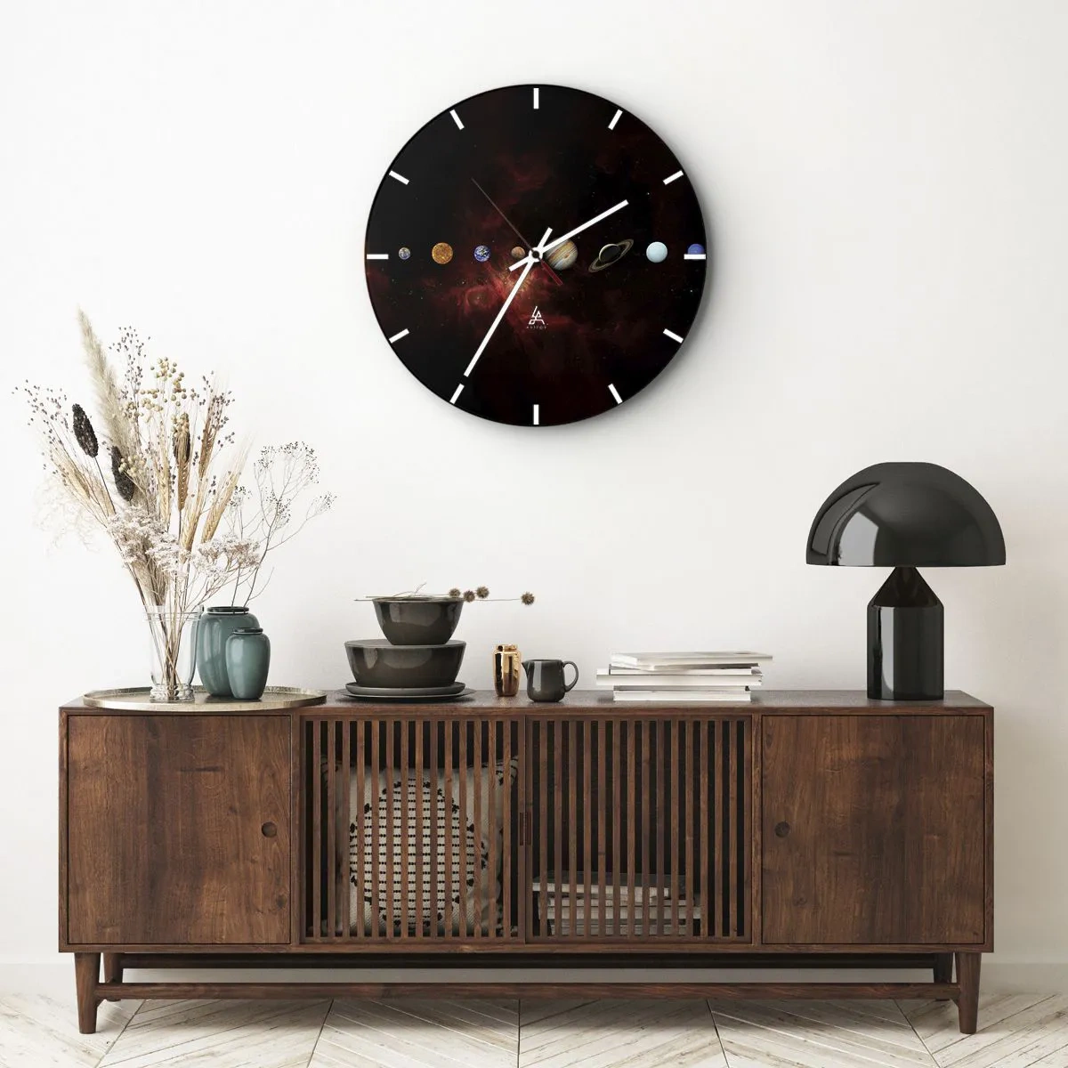 Horloge murale - Pendule murale - Planètes du système solaire sur fond de galaxie noire - 30x30cm - Notre quartier - Décoration murale moderne pour le salon, la cuisine et la chambre ARTTOR