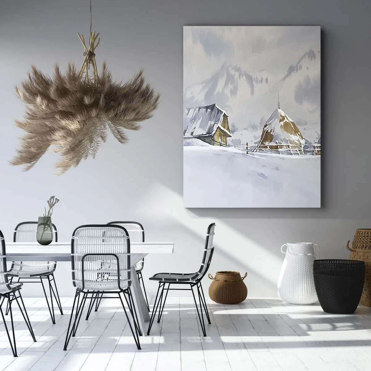Impression sur toile - Image sur toile - Paysage d'hiver avec un chalet et des meules de foin dans les montagnes - 80x120cm - Dans une vallée enneigée - Décoration murale moderne pour le salon et la chambre ARTTOR