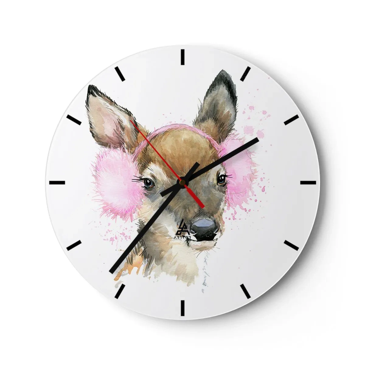 Horloge murale - Pendule murale - Un cerf avec des cache-oreilles roses - 30x30cm - Et le gel n'effraie plus - Décoration murale moderne pour le salon, la cuisine et la chambre ARTTOR