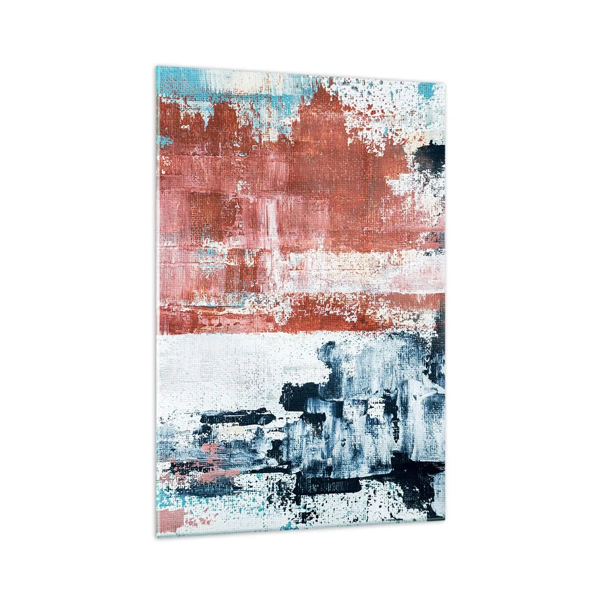 Impression sur verre - Image sur verre - Abstraction aux couleurs blanc, bleu et brique - 70x100cm - Moitié-moitié abstrait - Décoration murale moderne pour le salon et la chambre ARTTOR