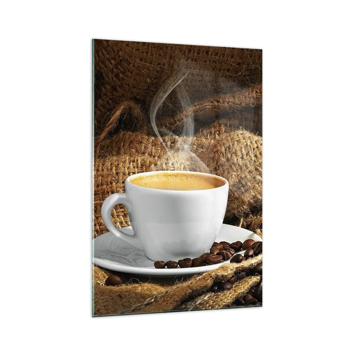 Impression sur verre - Image sur verre - Une tasse de café entourée d'un sac de grains de café - 70x100cm - L'odeur du moka et la densité du miel liquide - Décoration murale moderne pour le salon et la chambre ARTTOR