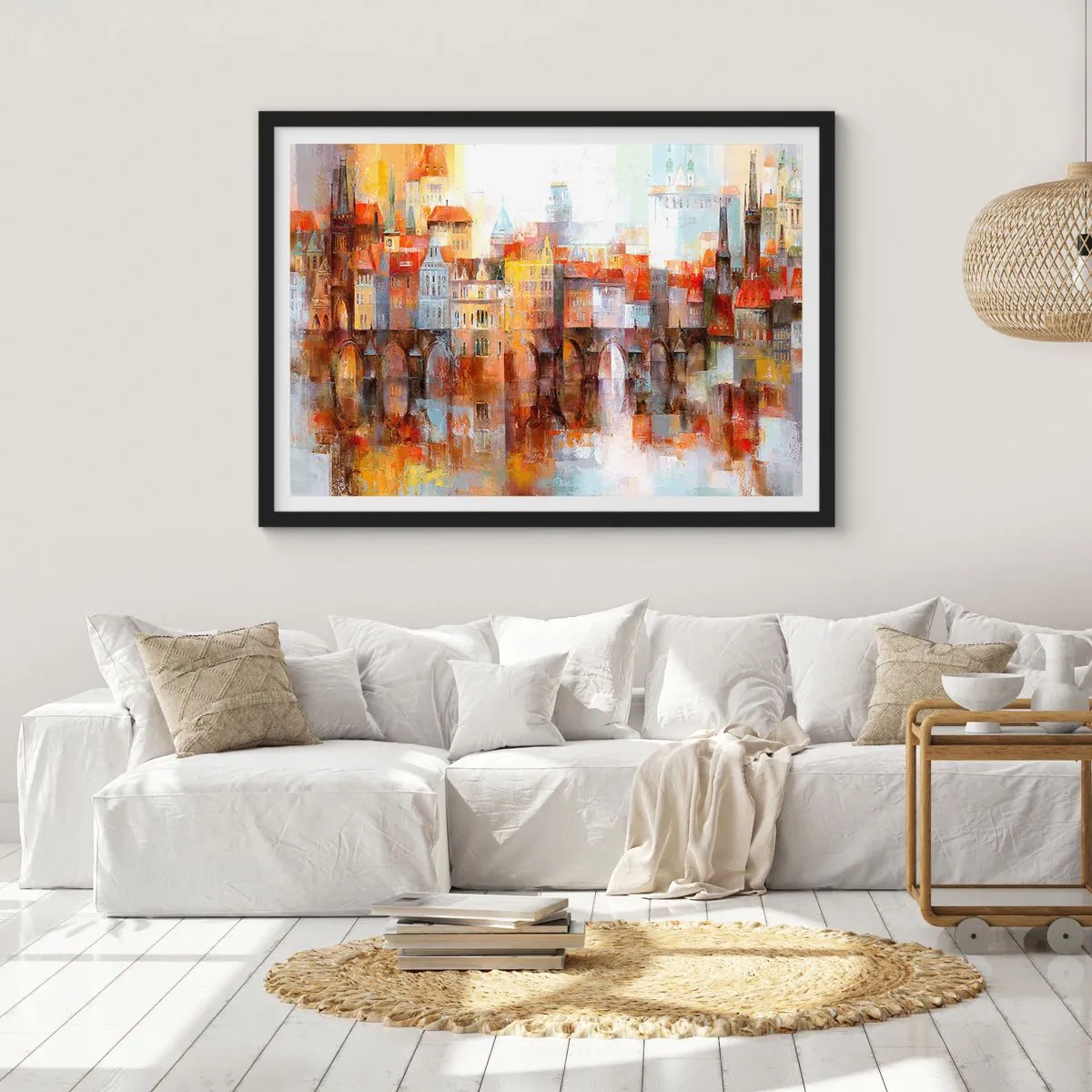 Affiche dans un cadre noir - Poster - Un panorama pittoresque de la ville avec un pont aux couleurs d'automne - 100x70cm - C'est aussi beau sous le pont - Décoration murale moderne pour le salon et la chambre ARTTOR