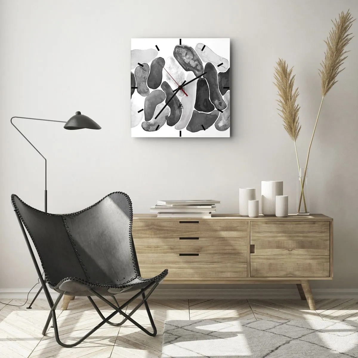Horloge murale - Pendule murale - Abstraction en noir et blanc avec des taches irrégulières sur fond blanc - 30x30cm - Abstraction rocheuse - Décoration murale moderne pour le salon et la chambre ARTTOR