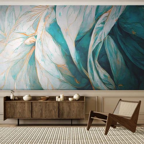 Papier Peint Photo Premium Canvas - Abstraction bleue avec un motif doré - Morceau, Art Déco, Subtil - 250x175 cm