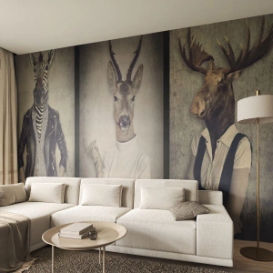 Papier Peint Photo Premium Sand - Personnages stylés avec des têtes d'animaux dans un style rétro - 100x70cm - Laissons parler les gestes - Décoration murale moderne pour le salon et la chambre ARTTOR