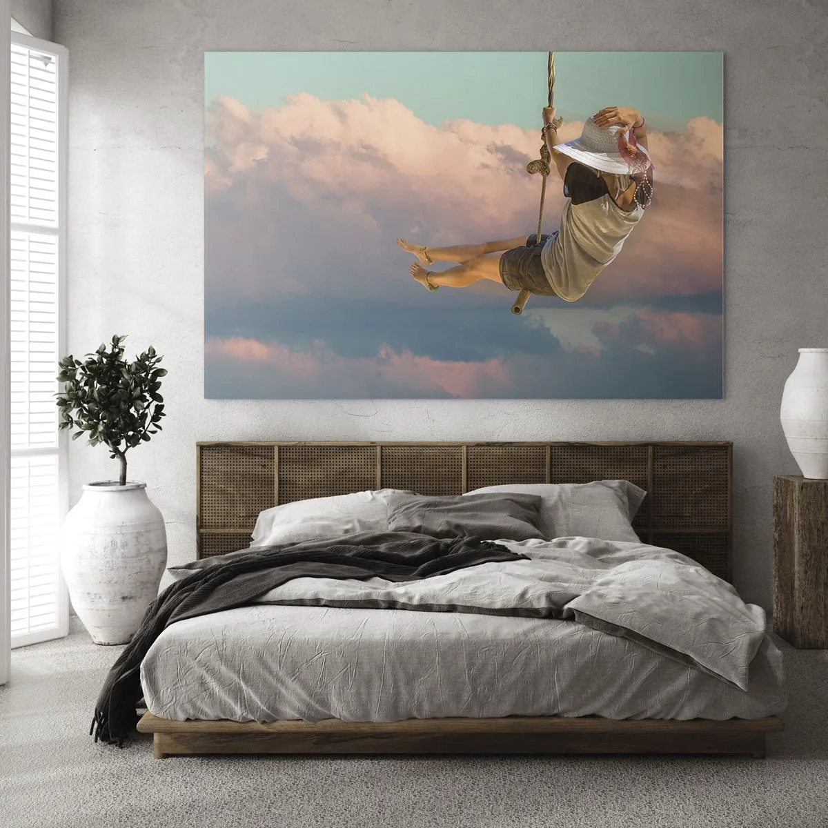 Impression sur verre - Image sur verre - Fille sur une balançoire parmi les nuages roses - 100x70cm - S'amuser dans les nuages - Décoration murale moderne pour le salon et la chambre ARTTOR