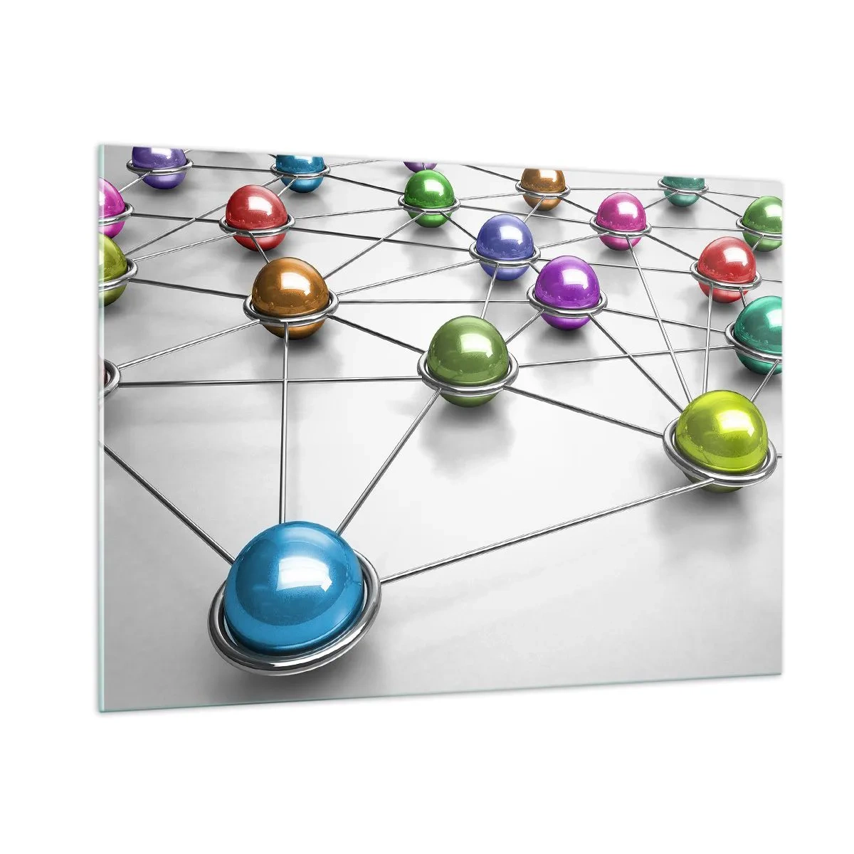 Impression sur verre - Image sur verre - Boules colorées reliées par des lignes sur un fond clair - 100x70cm - Toile d'araignée cosmique - Décoration murale moderne pour le salon et la chambre ARTTOR
