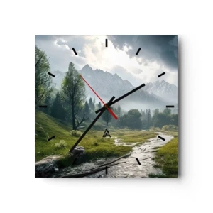 Horloge murale - Pendule murale - Un paysage de montagne avec une rivière et des arbres entourés de montagnes brumeuses - 30x30cm - Aller et retour - Décoration murale moderne pour le salon et la chambre ARTTOR
