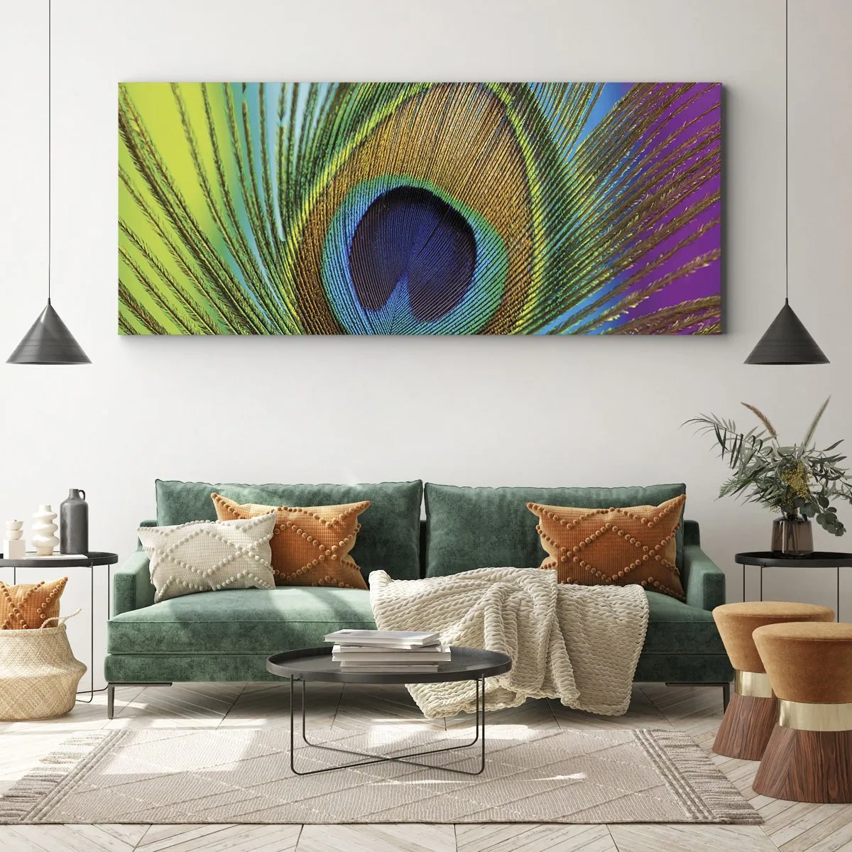 Impression sur toile - Image sur toile - Gros plan d'une plume de paon aux couleurs vives - 140x50cm - Les yeux dans les yeux - Décoration murale moderne pour le salon et la chambre ARTTOR