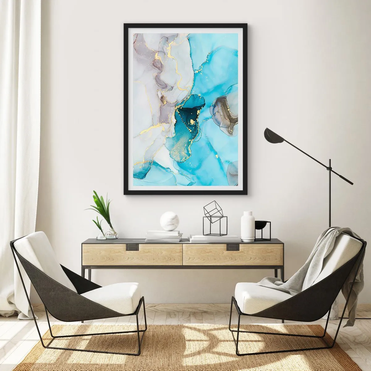 Affiche dans un cadre noir - Poster - Etude de la rencontre gris et turquoise - 30x40 cm