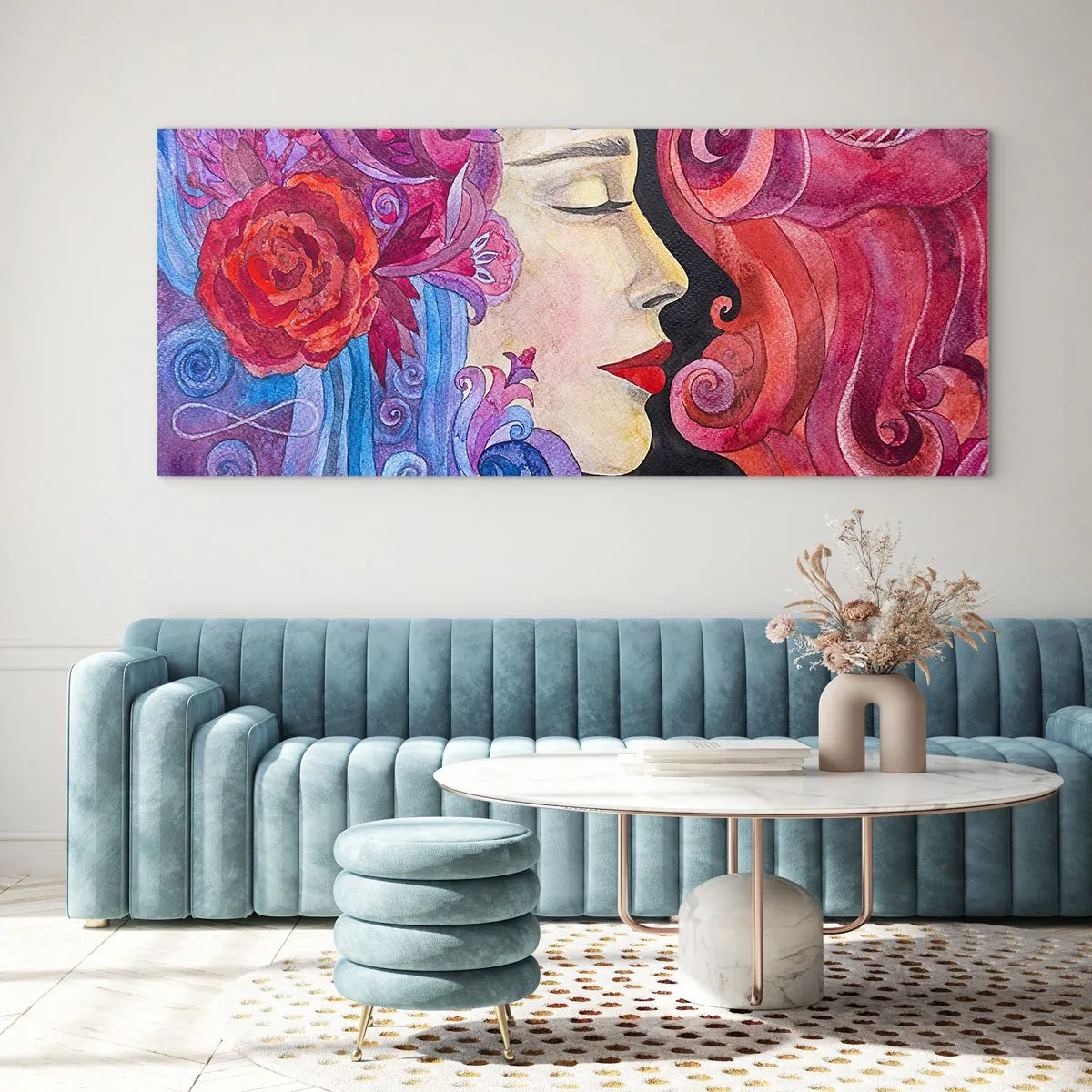 Impression sur verre - Image sur verre - Profil coloré d'une femme dans un style artistique - 160x50cm - L'Art Nouveau est toujours vivant - Décoration murale moderne pour le salon et la chambre ARTTOR