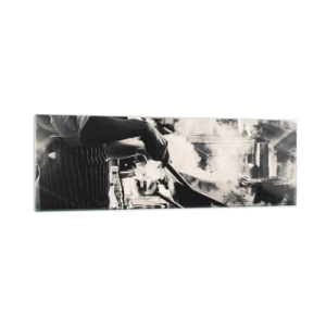 Impression sur verre - Image sur verre - Un chef au travail dans la cuisine avec de la vapeur s'élevant d'une poêle à frire - 160x50cm - Alchimie des saveurs - Décoration murale moderne pour le salon et la chambre ARTTOR