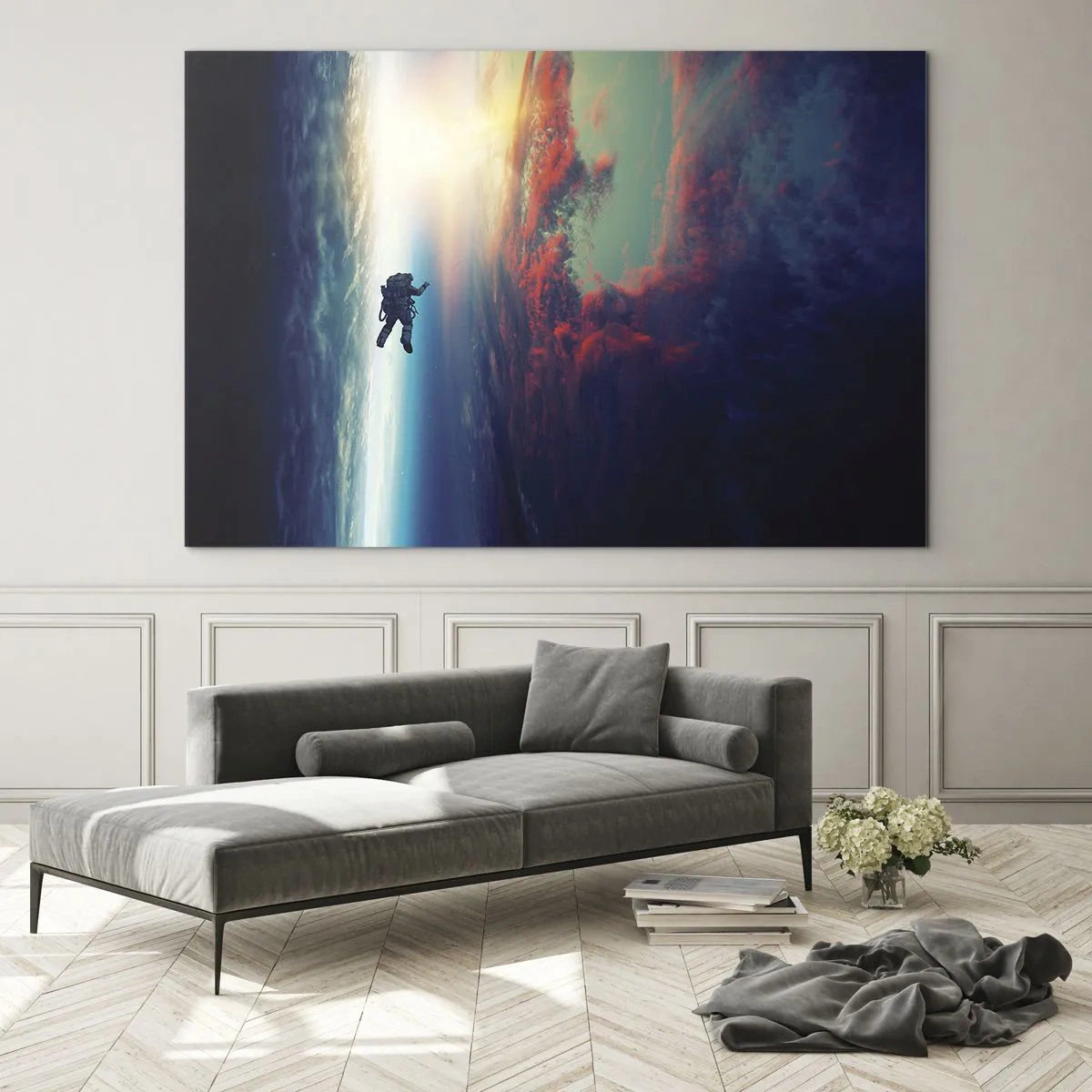 Impression sur verre - Image sur verre - Un astronaute dérivant dans l'espace vers la lumière - 70x50cm - Affronter l'univers - Décoration murale moderne pour le salon et la chambre ARTTOR