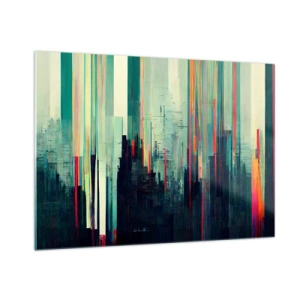 Impression sur verre - Image sur verre - Des lignes verticales colorées forment le contour d’une métropole futuriste. - 100x70cm - Ville futuriste - Décoration murale moderne pour le salon et la chambre ARTTOR