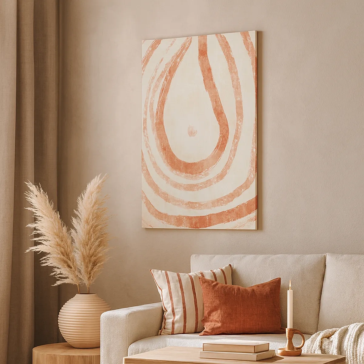 Impression sur toile - Image sur toile - Un motif abstrait de lignes concentriques dans des tons de terre cuite. - 50x70cm - Cercles de corail – composition - Décoration murale moderne pour le salon et la chambre ARTTOR