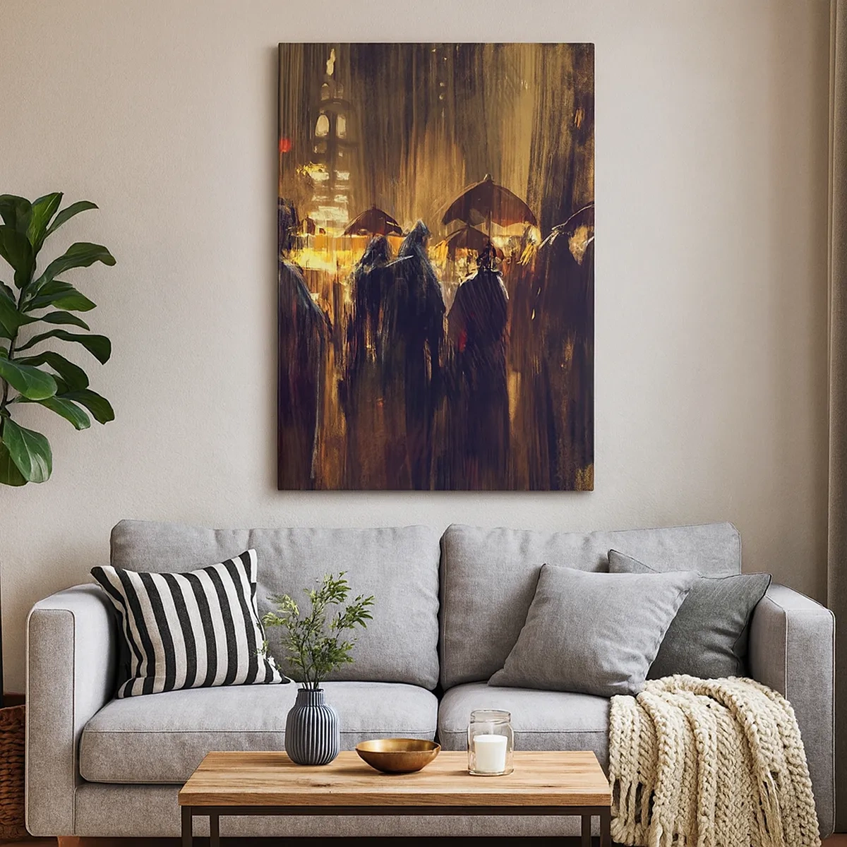Impression sur toile - Image sur toile - Personnages avec des parapluies dans une ville pluvieuse la nuit - 50x70cm - Adeptes de la pluie - Décoration murale moderne pour le salon et la chambre ARTTOR