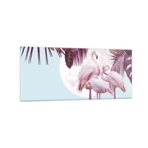Impression sur verre - Image sur verre - Flamants roses sur fond de lune et de feuilles tropicales - 120x50cm - Trois oiseaux gracieux - Décoration murale moderne pour le salon et la chambre ARTTOR