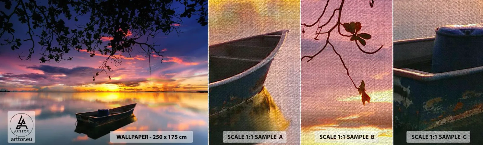 Échantillon de Papier Peint Premium Canvas - "Tu sembles suspendu au milieu du ciel..." - Paysage, Coucher de soleil, Lac - 100x30 cm