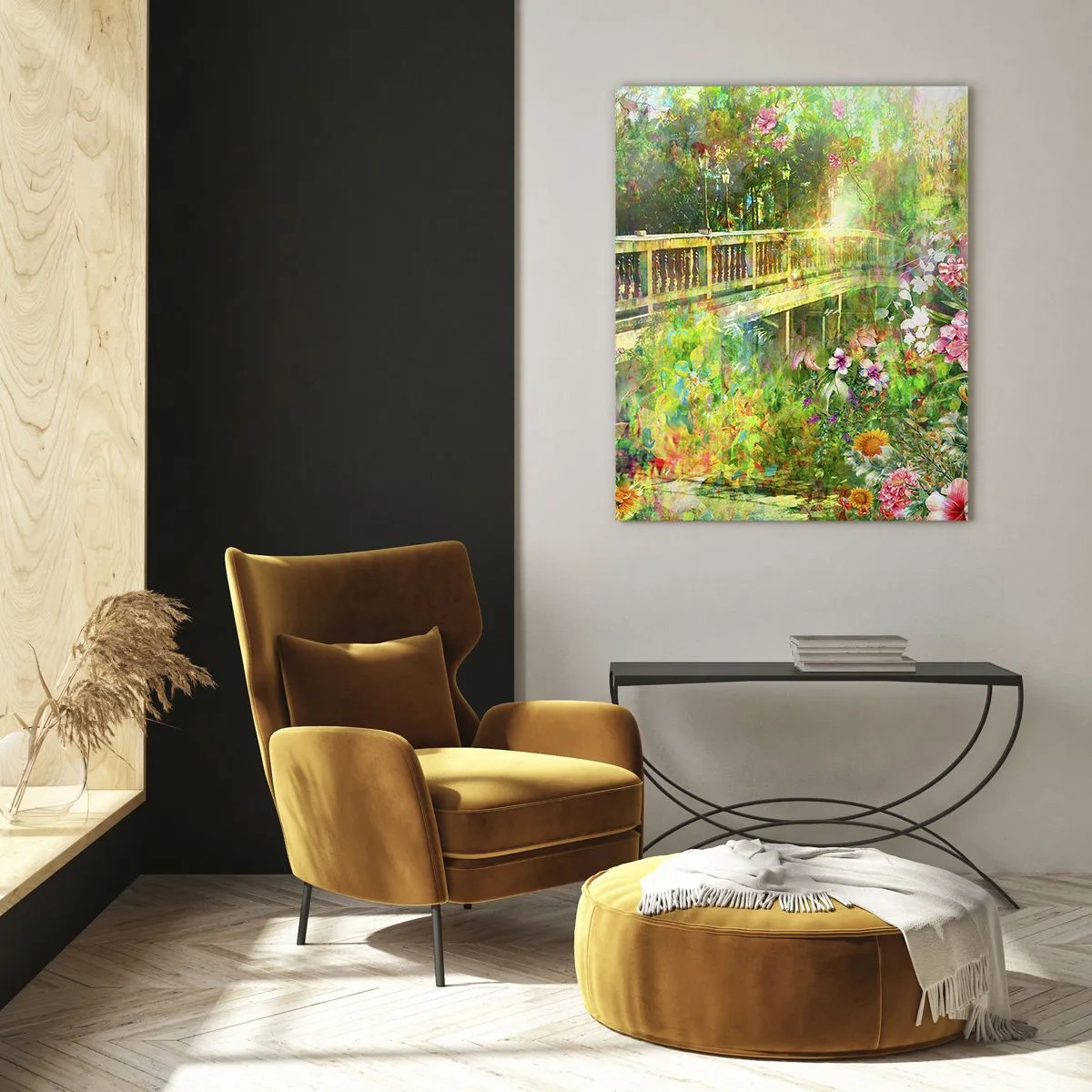 Impression sur verre - Image sur verre - Un pont entouré d'une végétation luxuriante et de fleurs - 80x120cm - Le soupire d'un pont de printemps - Décoration murale moderne pour le salon et la chambre ARTTOR